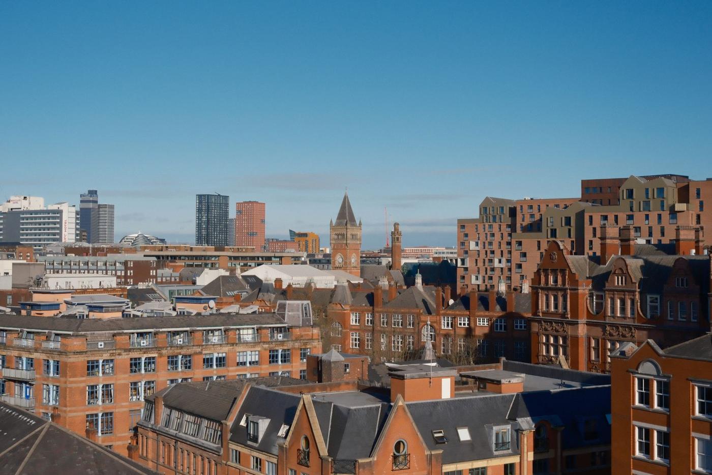 Manchester city centre rooftops and skyline on a clear day